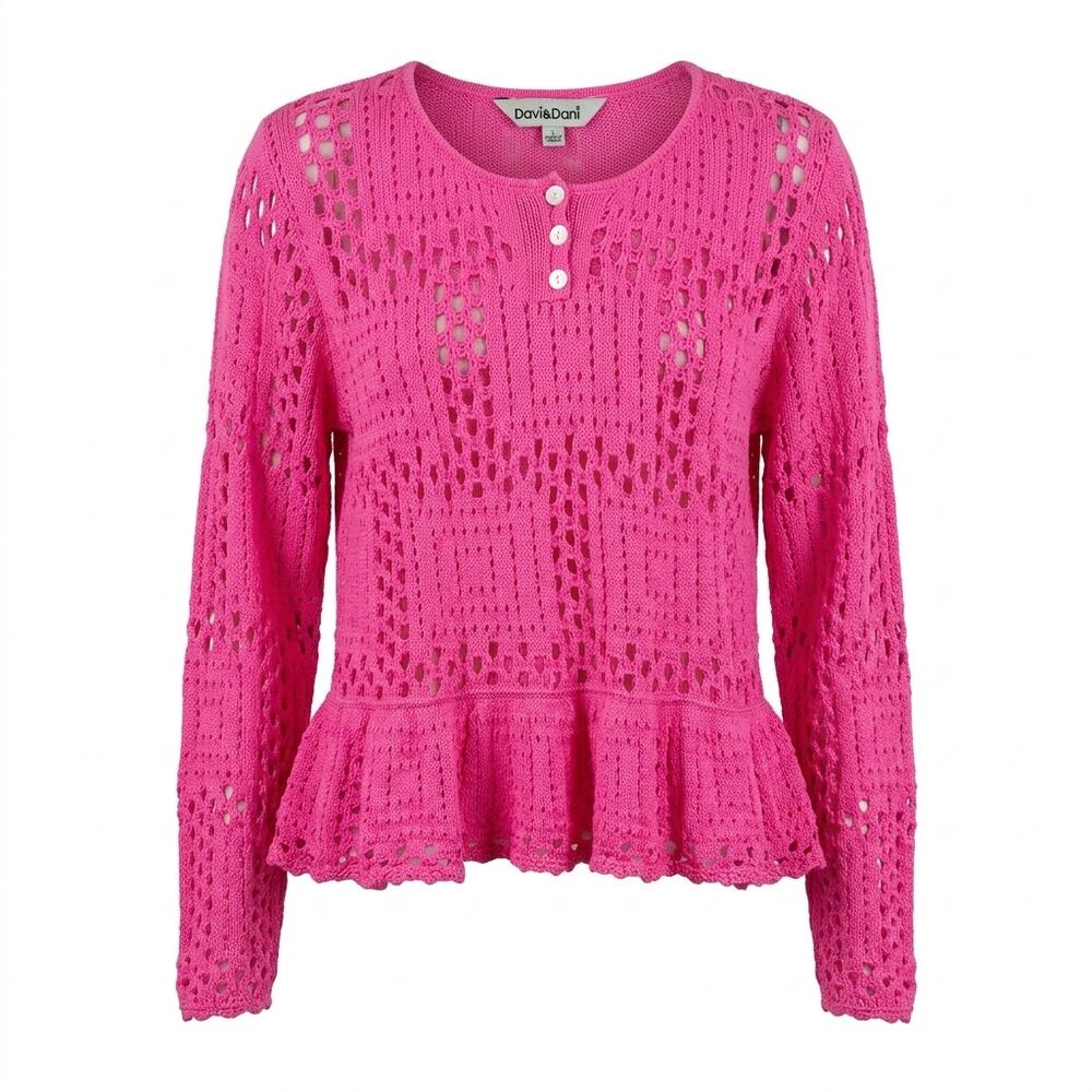 Davi & Dani Hot Pink Crochet Knit Peplum Henley Top Women Size L